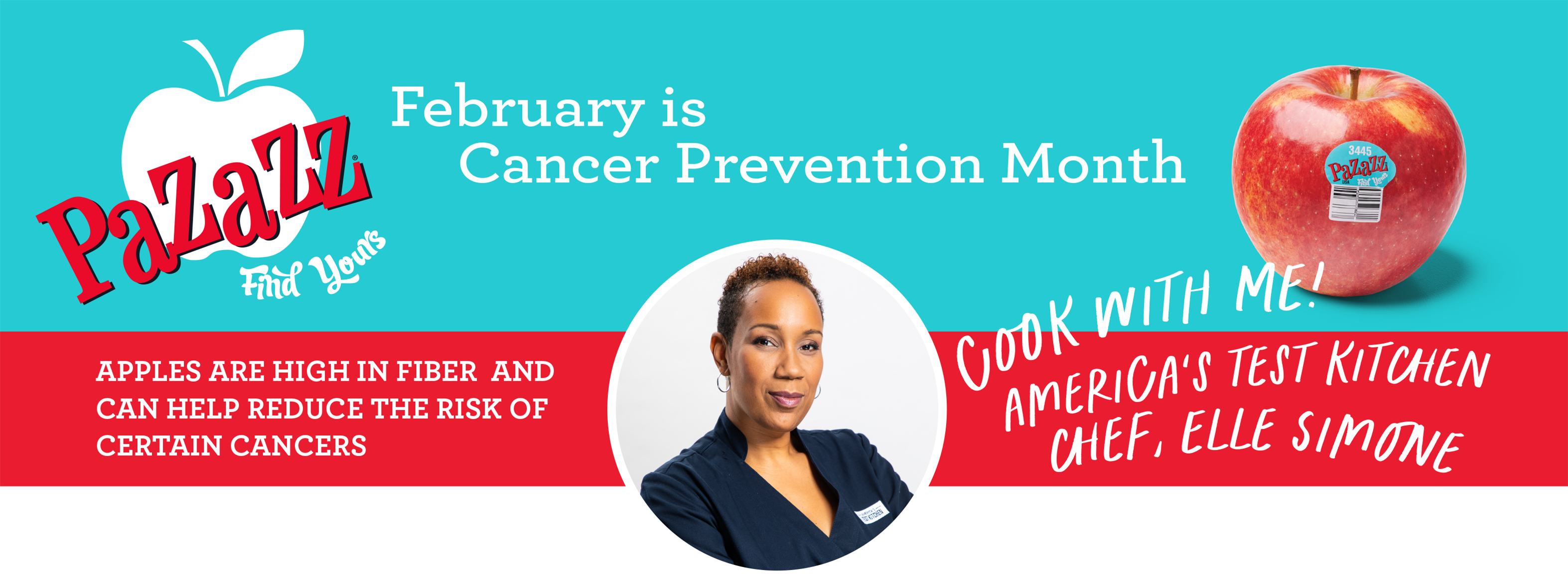 Banner in Blue and red that reads "February is cancer Prevention Month" above an image of celebrity chef Elle Simone.